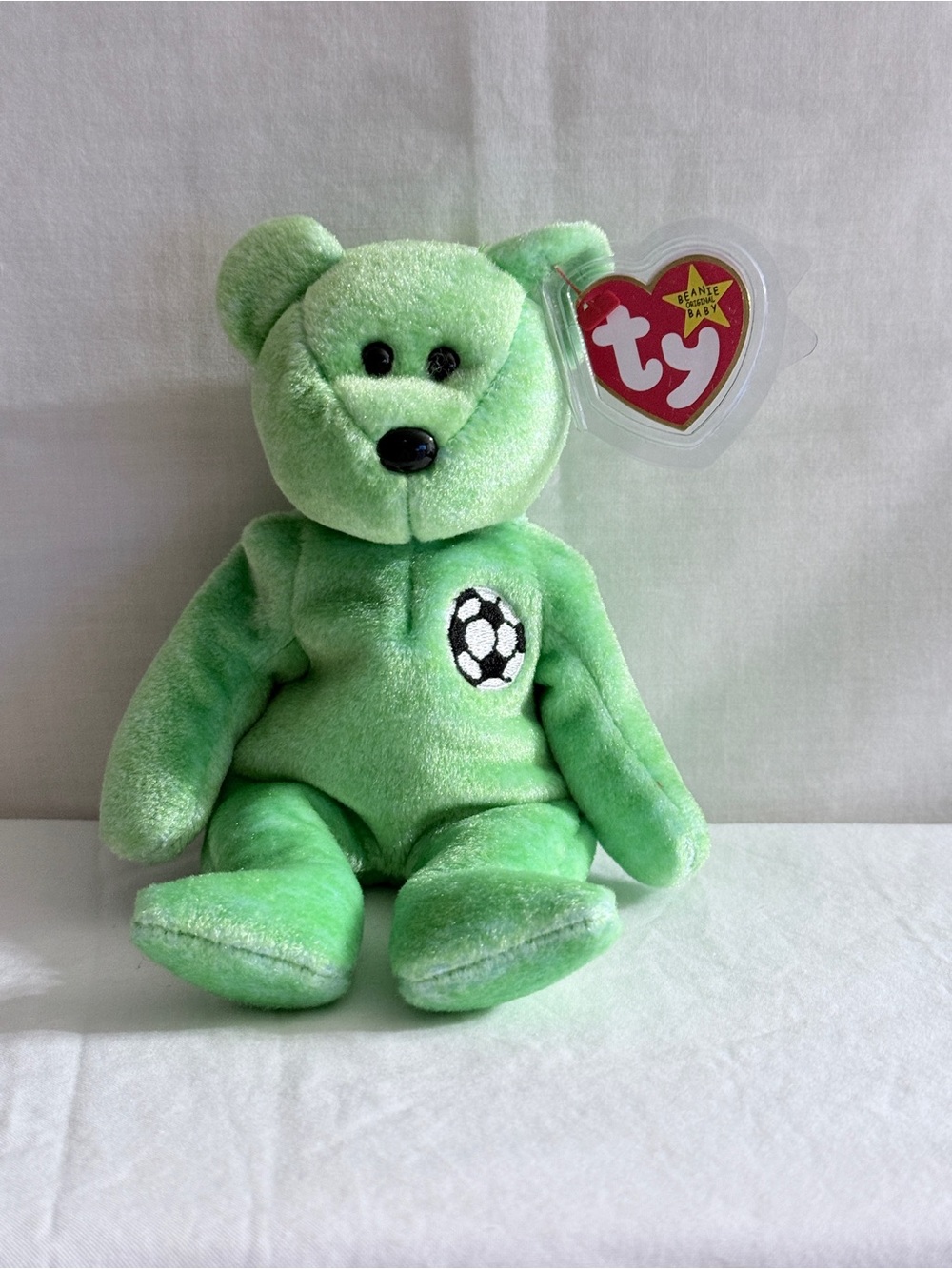 Ty Bright Green Soccer Bear Plush with Heart Tag